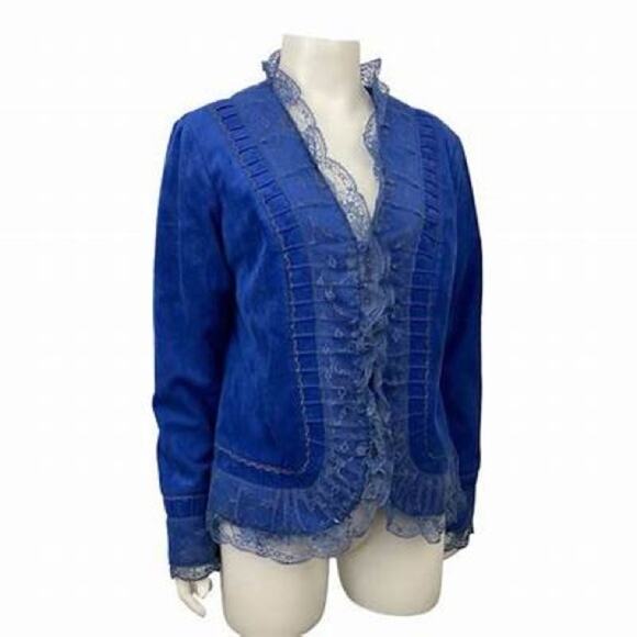 Victor Costa blue velvet ruffled lace Bolero Jacket - Picture 2 of 11
